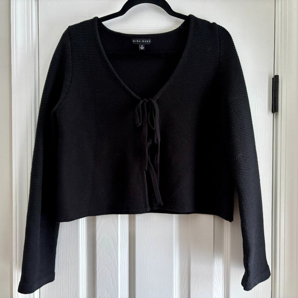 Black Cropped Tie Front Cardigan  - Size M